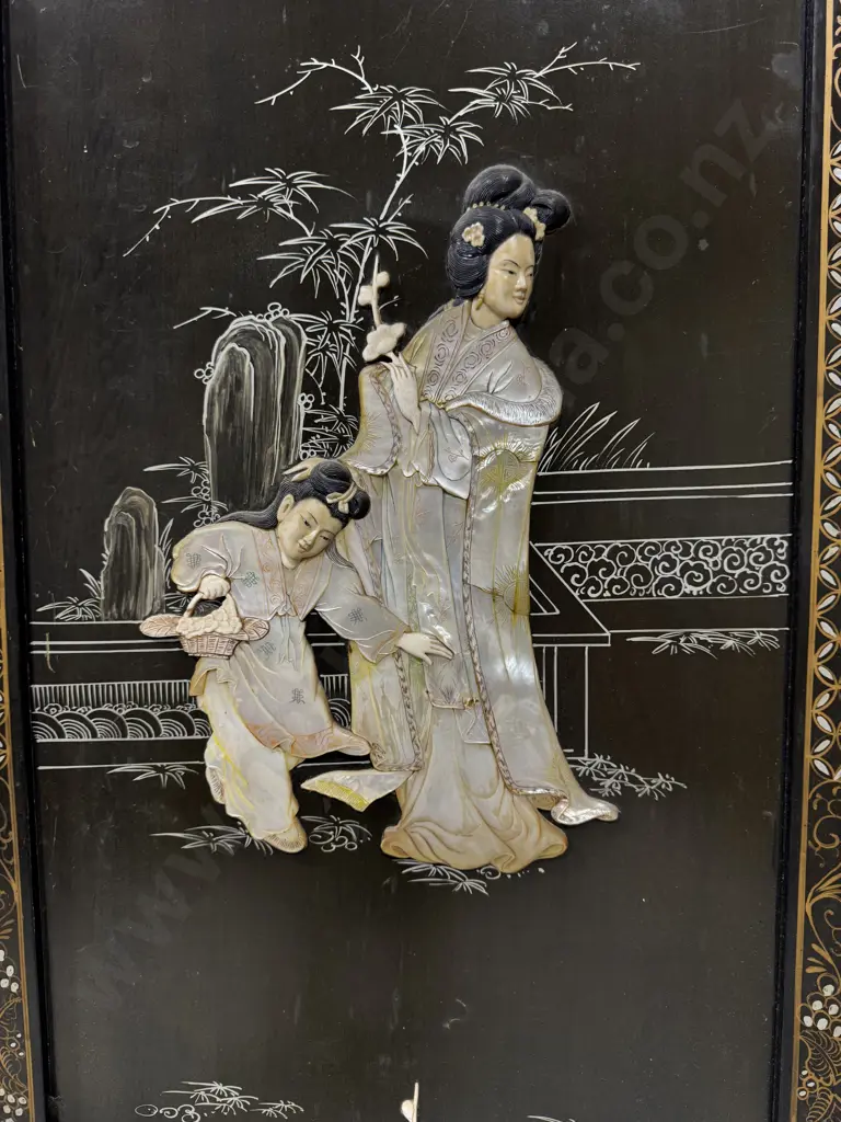 Chinese Black Lacquered Four panel Folding Screen w Mother of Pearl & Bone Inlay depicting Court Scenes Image 1++