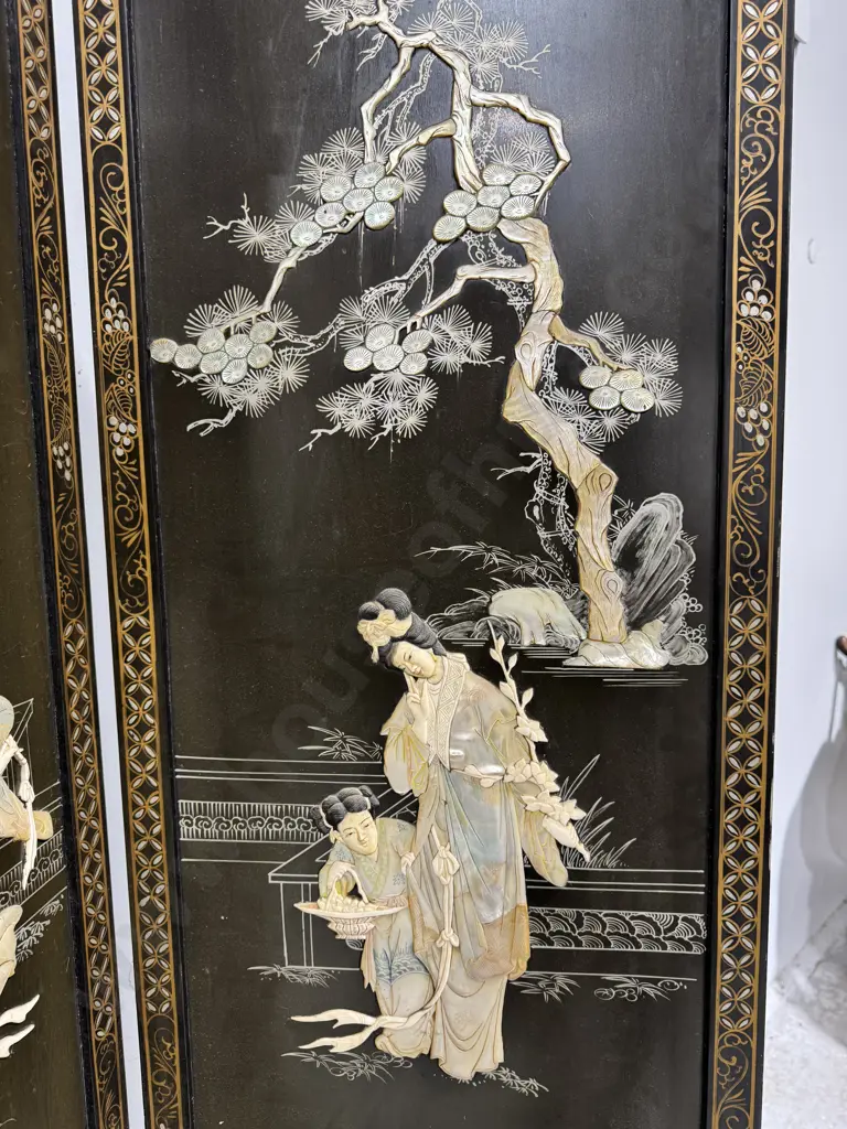 Chinese Black Lacquered Four panel Folding Screen w Mother of Pearl & Bone Inlay depicting Court Scenes Image 1++