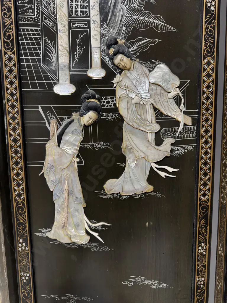 Chinese Black Lacquered Four panel Folding Screen w Mother of Pearl & Bone Inlay depicting Court Scenes Image 1++