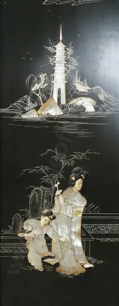 Chinese Black Lacquered Four panel Folding Screen w Mother of Pearl & Bone Inlay depicting Court Scenes Image 1++