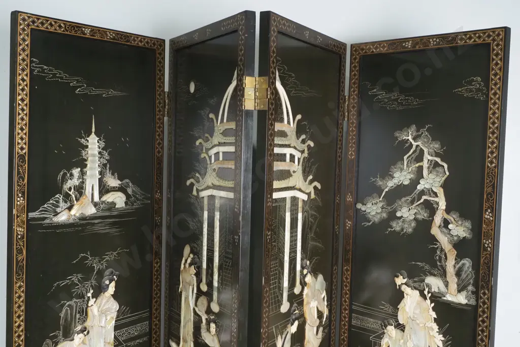 Chinese Black Lacquered Four panel Folding Screen w Mother of Pearl & Bone Inlay depicting Court Scenes Image 1++