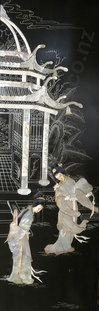 Chinese Black Lacquered Four panel Folding Screen w Mother of Pearl & Bone Inlay depicting Court Scenes Image 1++
