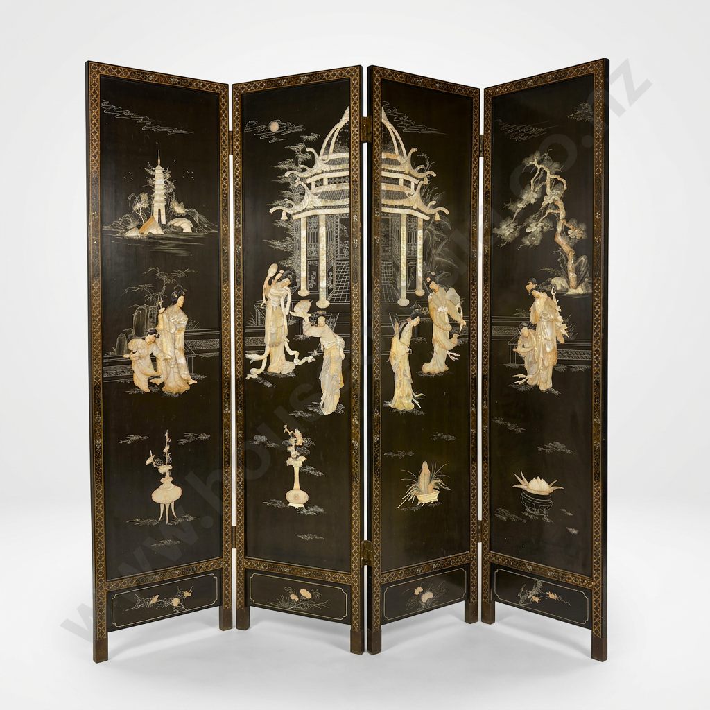 Chinese Black Lacquered Four panel Folding Screen w Mother of Pearl & Bone Inlay depicting Court Scenes Image 1++