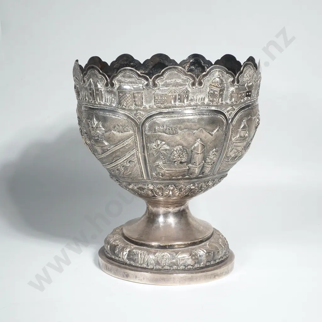 Indian 80% Silver Calcutta Footed Bowl w. Town Scenes Image 1++
