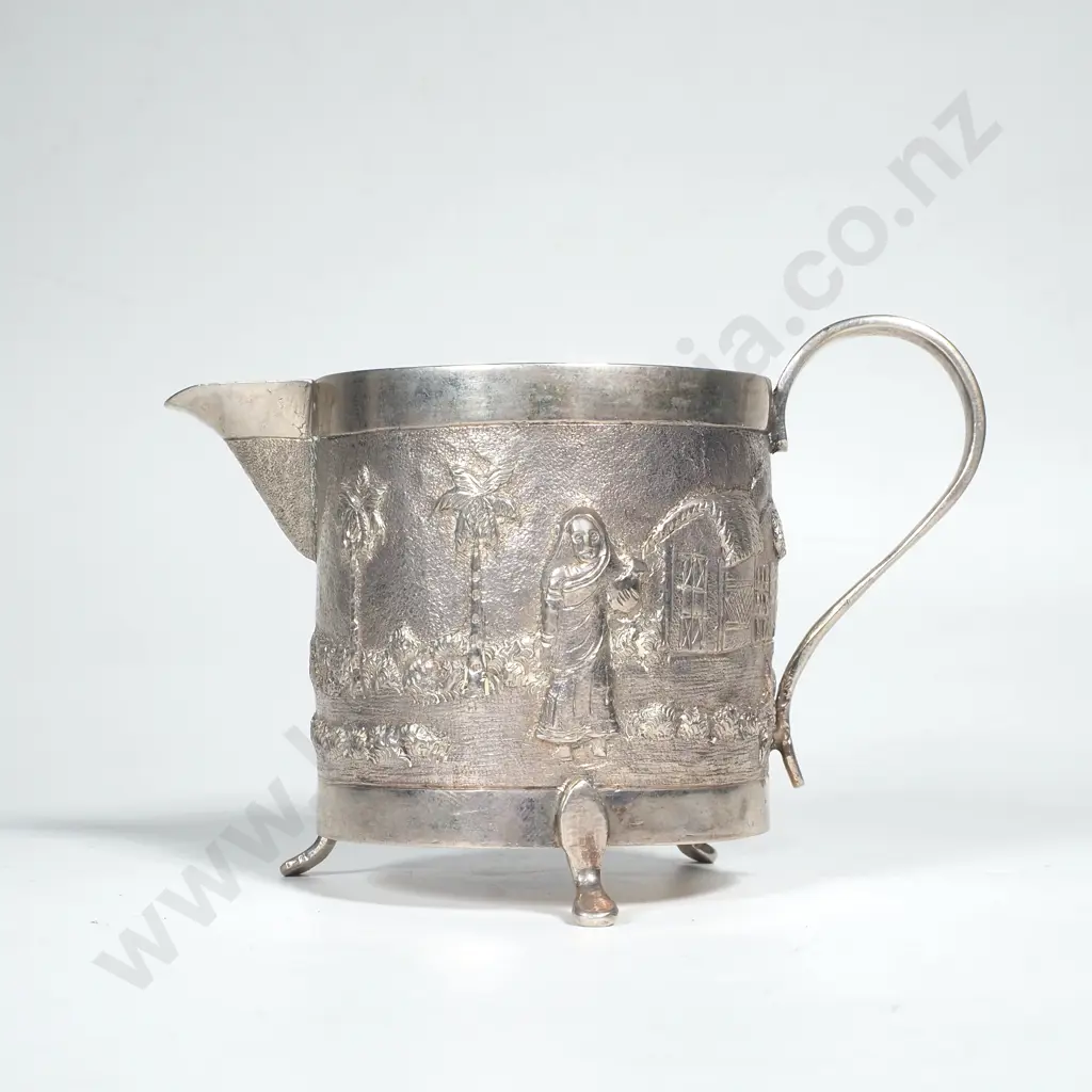 Indian 85% Silver Calcutta Creamer, Village Scenes Image 1++