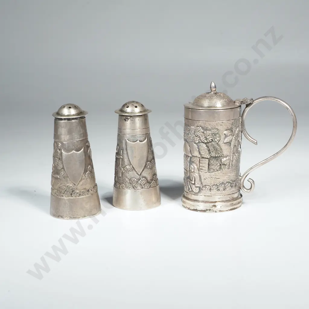 Indian Sterling Silver Calcutta Condiment Set, Village Scenes Image 1++