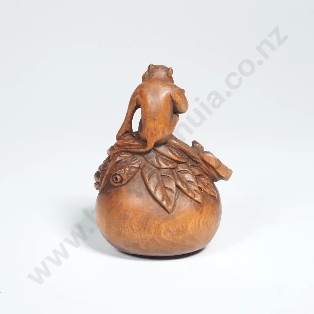 Carved Wooden Netsuke Featuring a Monkey on a Peach Image 1++