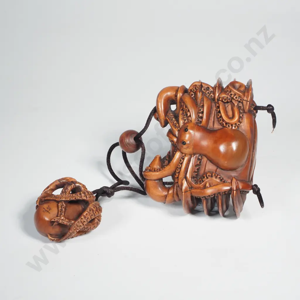 Carved Boxwood Inro of a Crab & Octopus Image 1++