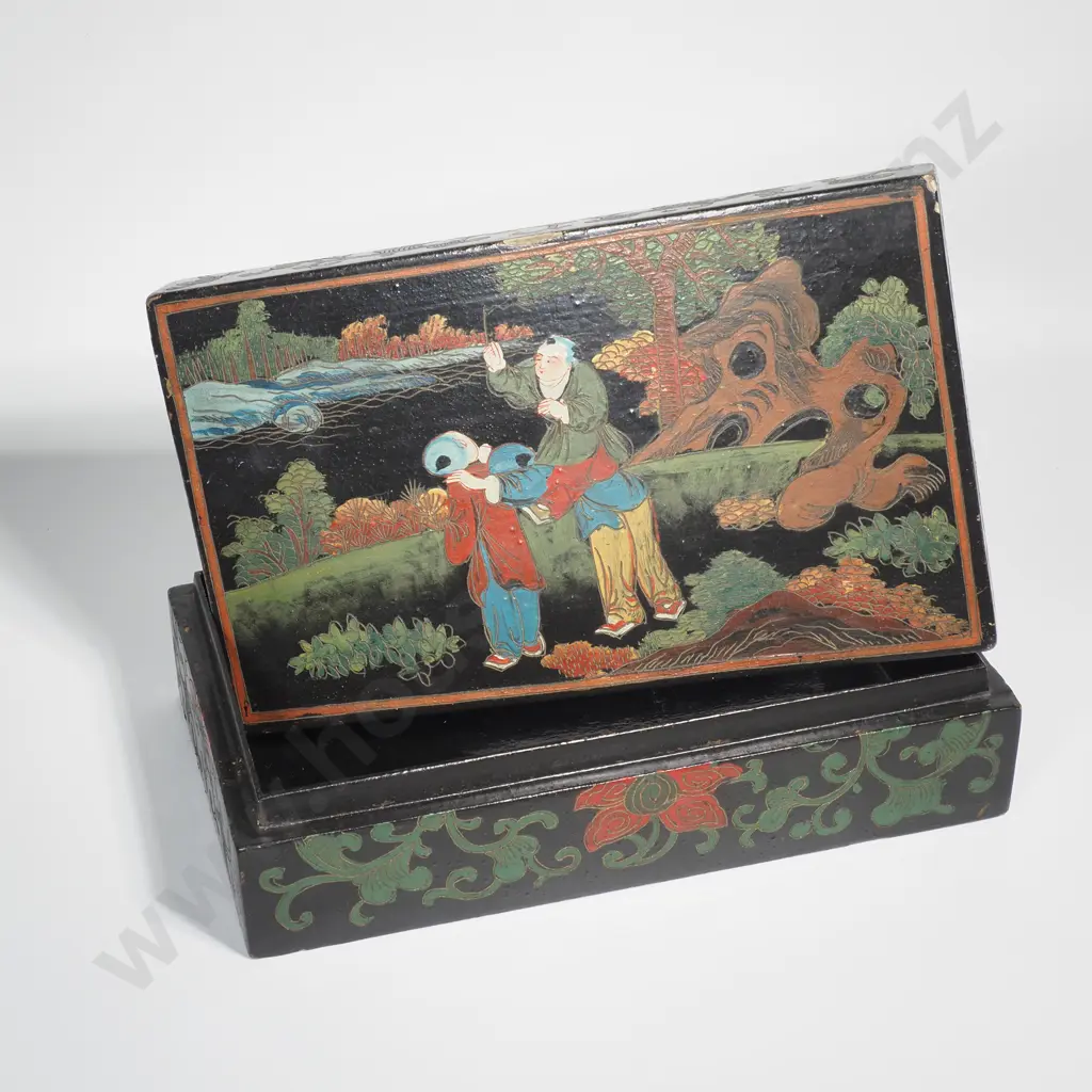 Vintage Chinese Wooden Lacquerware Painted, & Engraved Box Image 1++