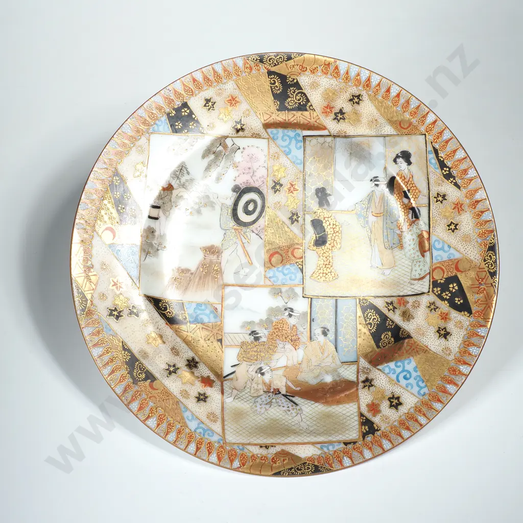 Meiji Period  Kutani Plate w Handpainted Scenes of Figures in Landscapes w Heavy Gilt & Enamel Detailing. Signed Image 1++