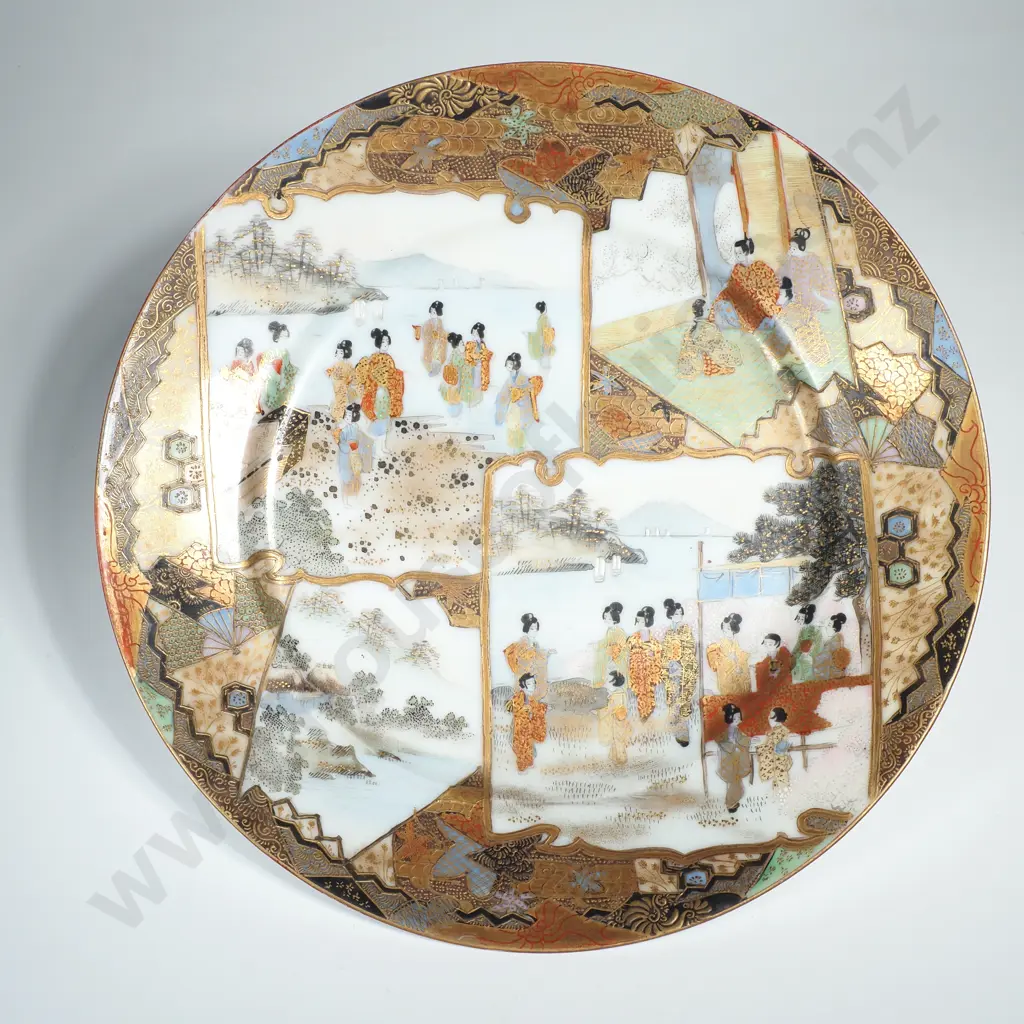 Meiji Period   Kutani Plate w Handpainted Scenes of Figures in Landscapes w Heavy Gilt & Enamel Detailing. Signed Image 1++