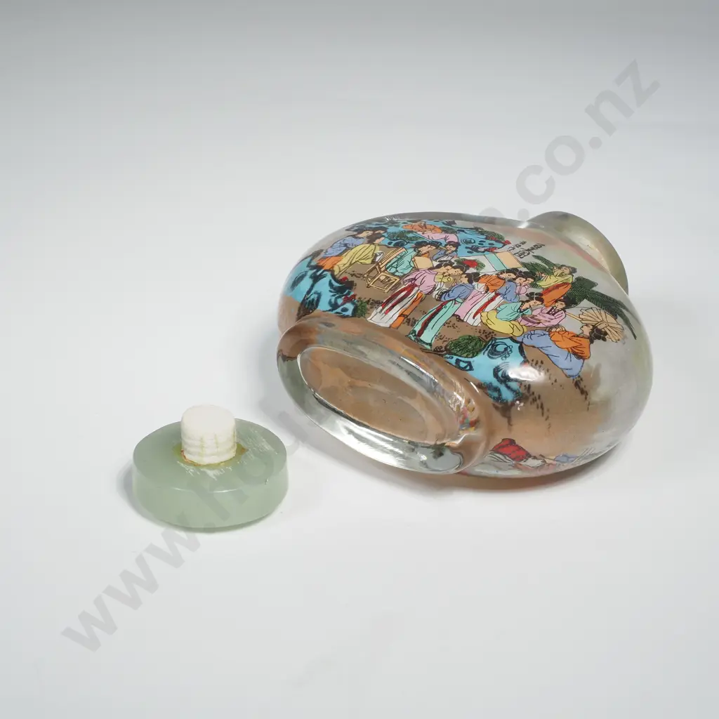 Reverse Painted Rectangular Snuff Bottle Decorated w Intricate Hand Painted Scenes & w Jade Stopper Image 1++