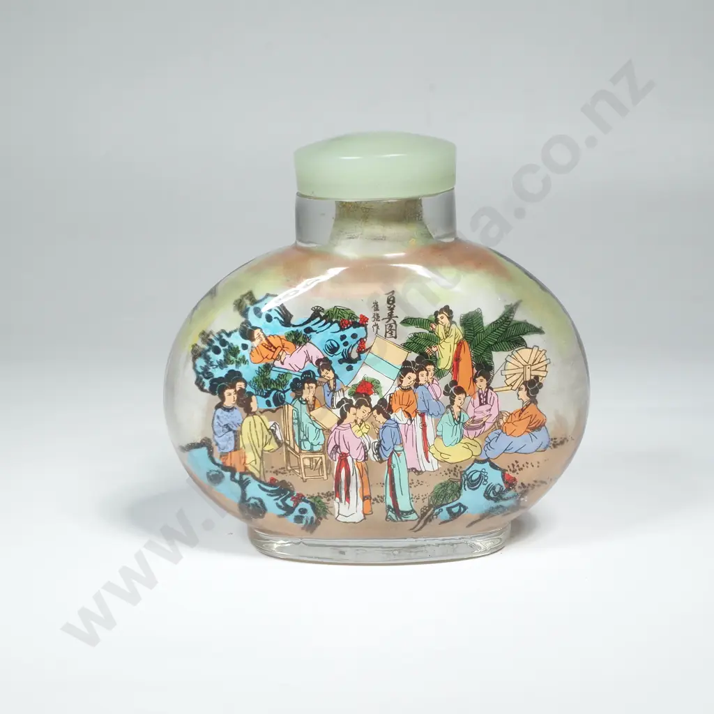 Reverse Painted Rectangular Snuff Bottle Decorated w Intricate Hand Painted Scenes & w Jade Stopper Image 1++