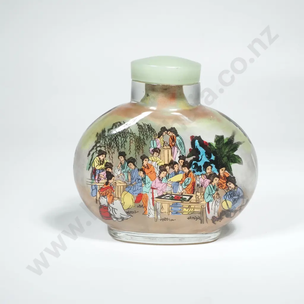 Reverse Painted Rectangular Snuff Bottle Decorated w Intricate Hand Painted Scenes & w Jade Stopper Image 1++