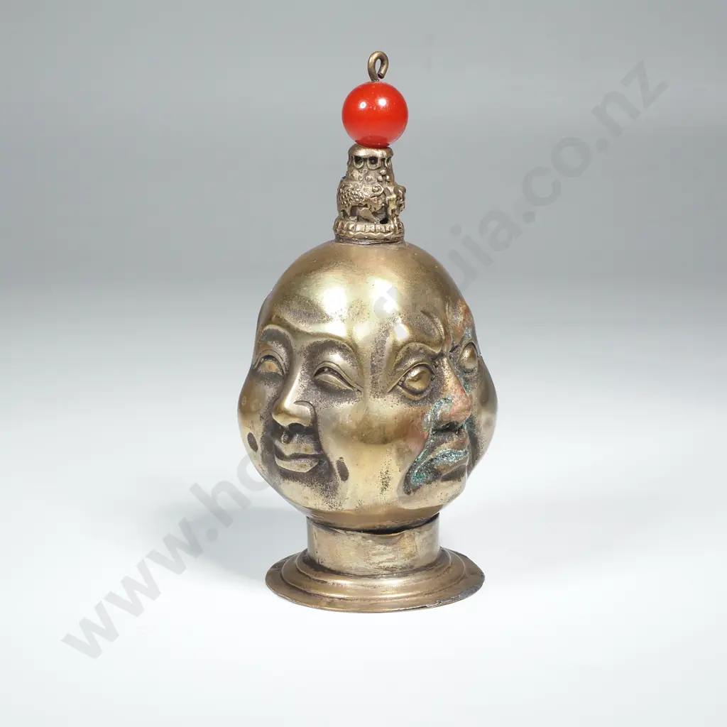 Antique Brass  Four Sided Buddhas Head Snuff Bottle Featuring Various Emotions Image 1++
