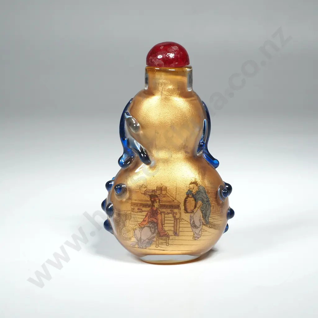 Quality Glass Double Gourd Shaped Interior Gold Painted Snuff Bottle w Applied Blue Glass Image 1++