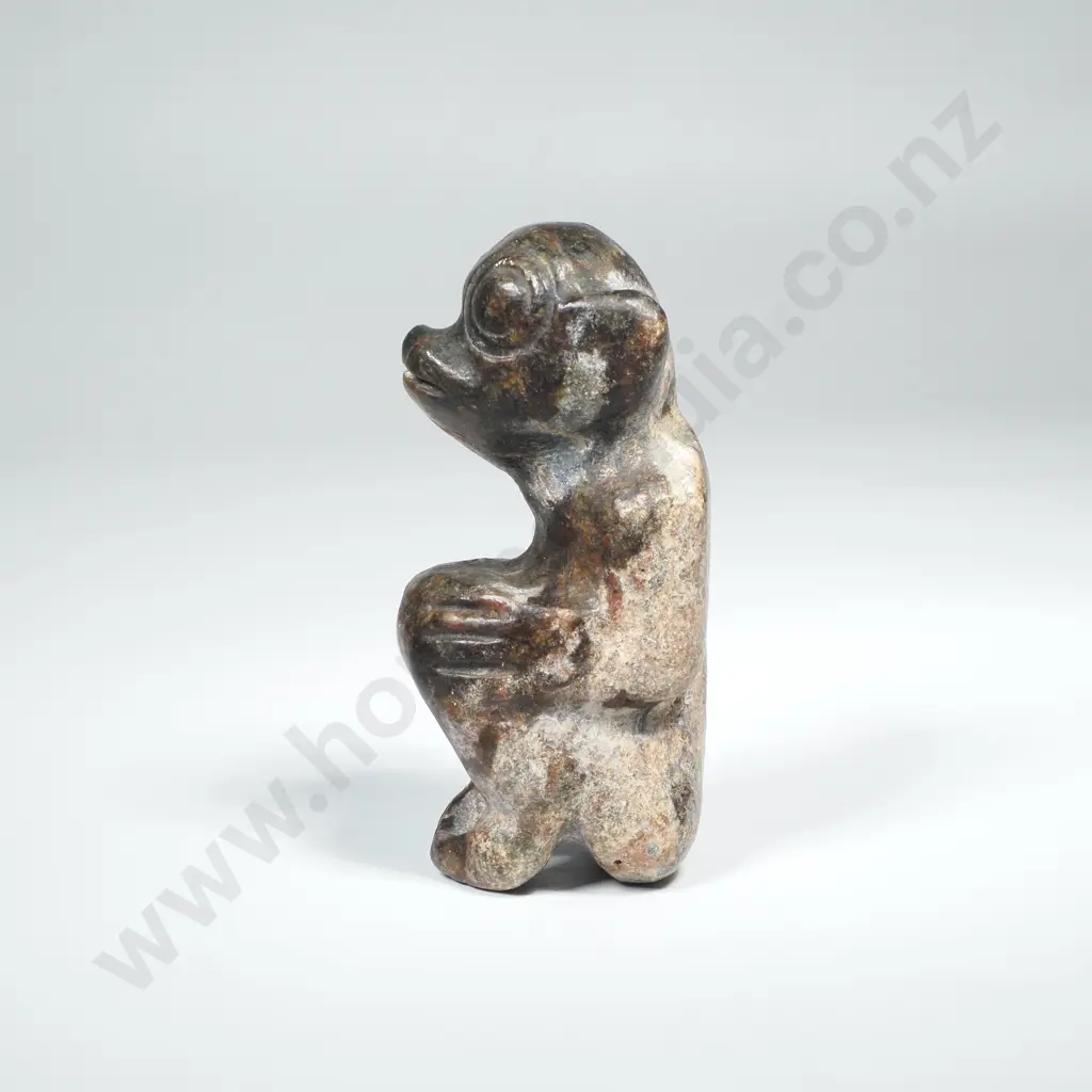 Carved Stone Artefact, Possibly Hongshun representing a Kneeling Man or a Demon w Suspension Holes to Back Image 1++