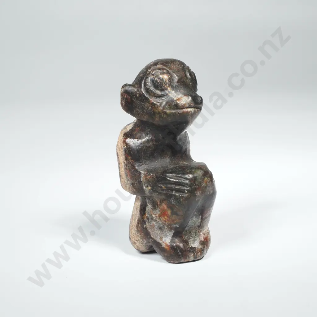 Carved Stone Artefact, Possibly Hongshun representing a Kneeling Man or a Demon w Suspension Holes to Back Image 1++