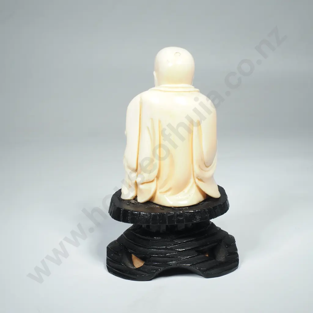 Vintage Chinese Carved Ivory Figure of a Laughing Buddha on a Carved Wooden Base Image 1++