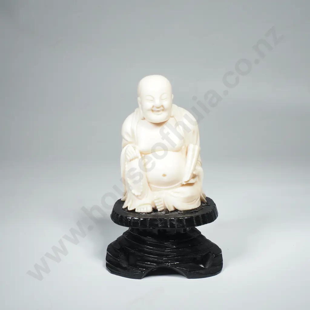Vintage Chinese Carved Ivory Figure of a Laughing Buddha on a Carved Wooden Base Image 1++