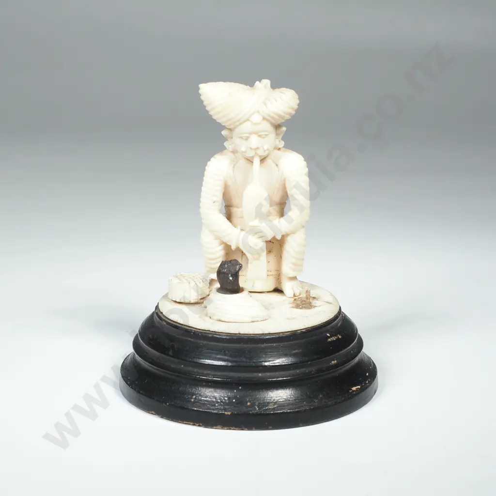 Small Indian Carved Figurine depicting a Snake Charmer w Bronze Coiled Snake in Basket  on an Ebony Base  Image 1++