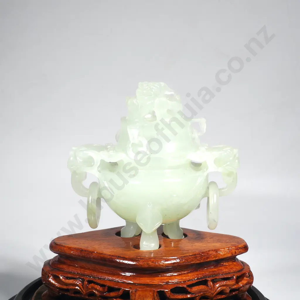 Vintage Chinese Carved Jade Censer & Stand under Antique Glass Dome Image 1++
