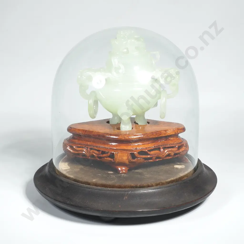 Vintage Chinese Carved Jade Censer & Stand under Antique Glass Dome Image 1++