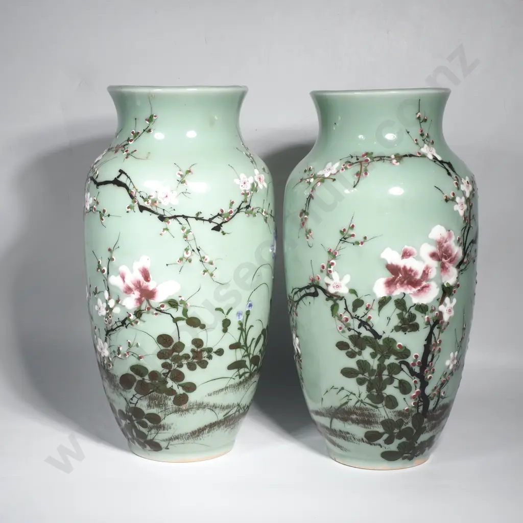 A Meiji period Pair of Japanese 'Seto Ware' Celadon Vases Image 1++