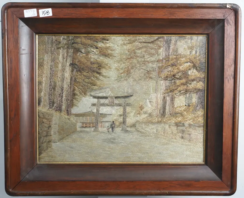 Antique Japanese Silk Embroidery ' Shinto Shrine Torii Gate' Image 1++
