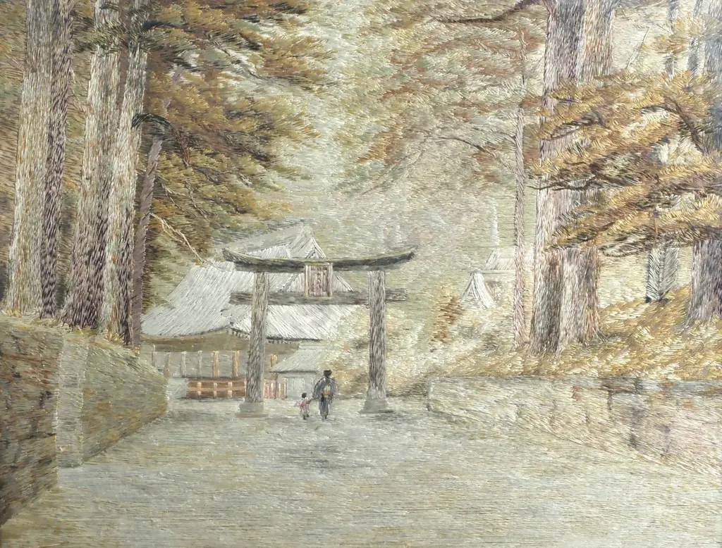 Antique Japanese Silk Embroidery ' Shinto Shrine Torii Gate' Image 1++