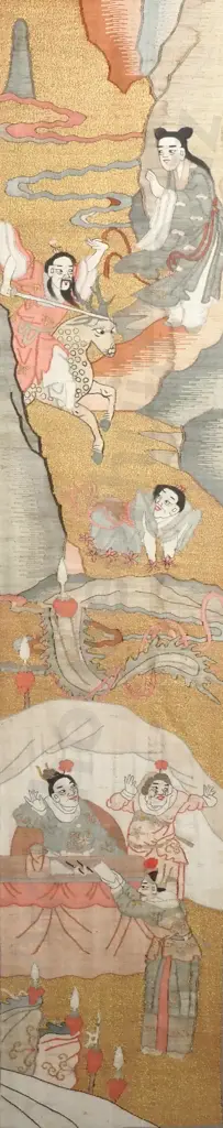Antique Silk Chinese Tapestry Panel Featuring a  Battle Scene w Metallic Gold & Thread & Framed Image 1++
