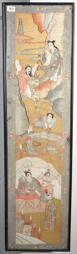 Antique Silk Chinese Tapestry Panel Featuring a  Battle Scene w Metallic Gold & Thread & Framed Image 1++