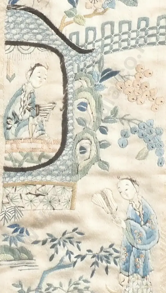 Chinese Embroidered Framed Silk Panel w Intricate Needlework Depicting Garden & Figures  Image 1++