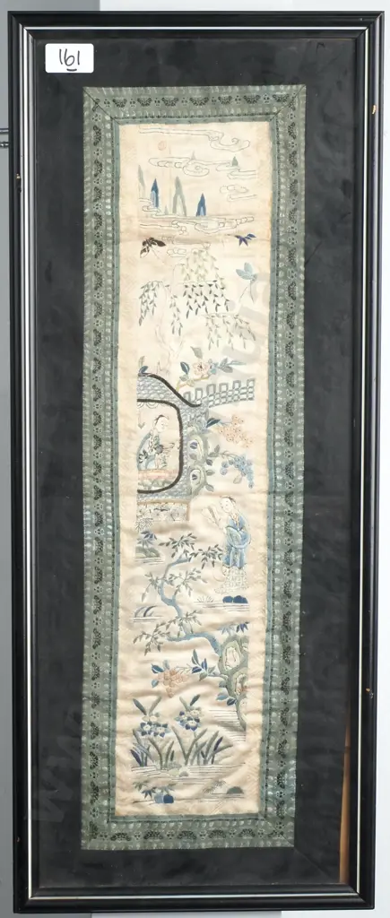 Chinese Embroidered Framed Silk Panel w Intricate Needlework Depicting Garden & Figures  Image 1++