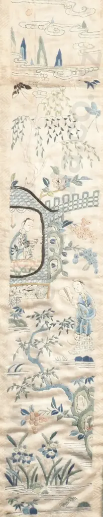 Chinese Embroidered Framed Silk Panel w Intricate Needlework Depicting Garden & Figures  Image 1++
