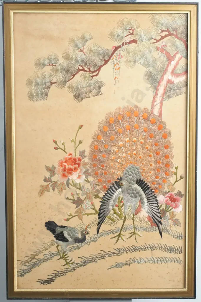 Vintage Chinese Silk Embroidery Depicting Peacock & Prunus Image 1++