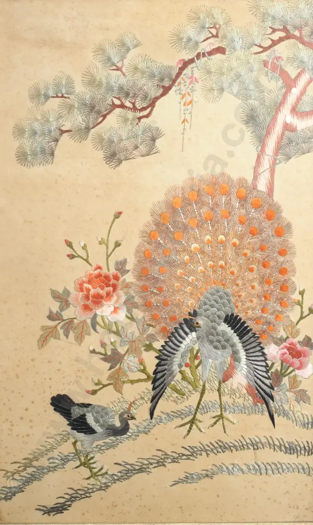 Vintage Chinese Silk Embroidery Depicting Peacock & Prunus Image 1++