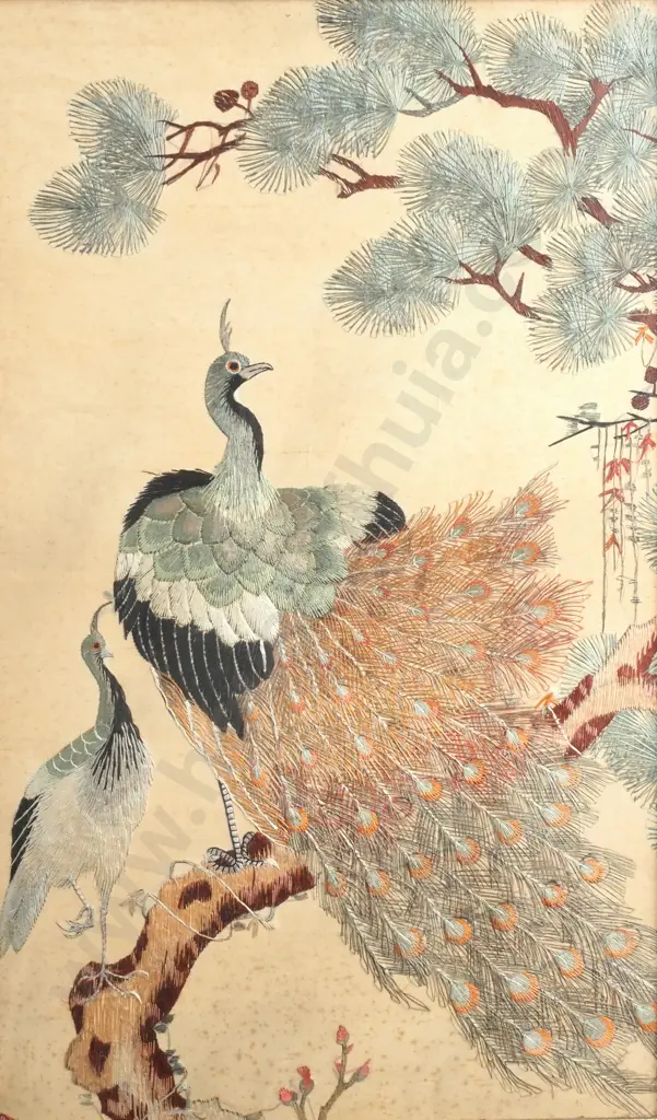 Vintage Chinese Silk Embroidery Depicting Peacock & Prunus Image 1++