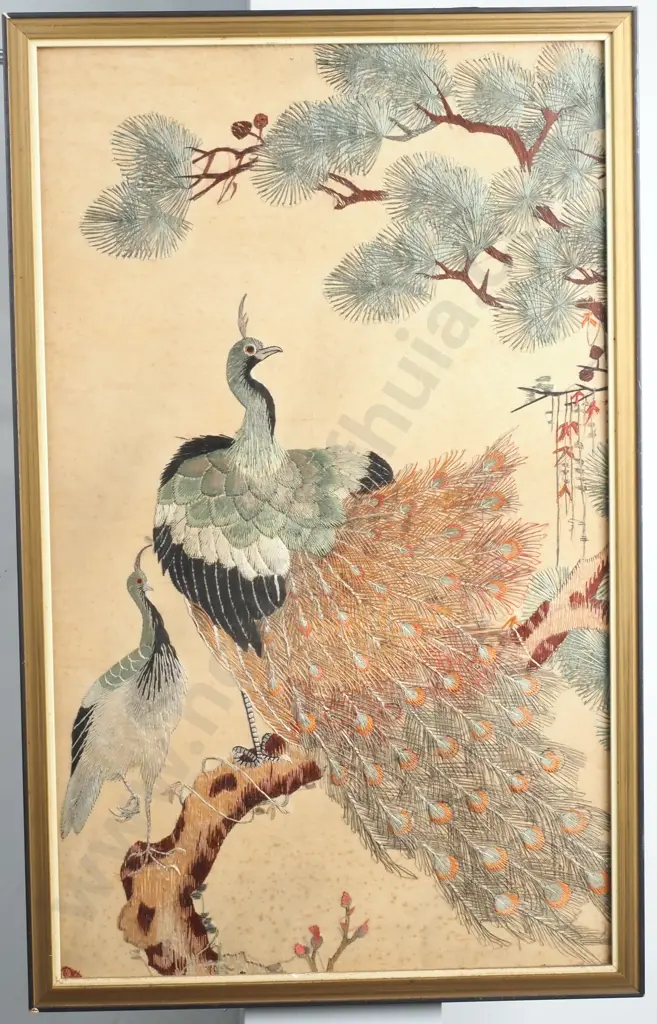 Vintage Chinese Silk Embroidery Depicting Peacock & Prunus Image 1++