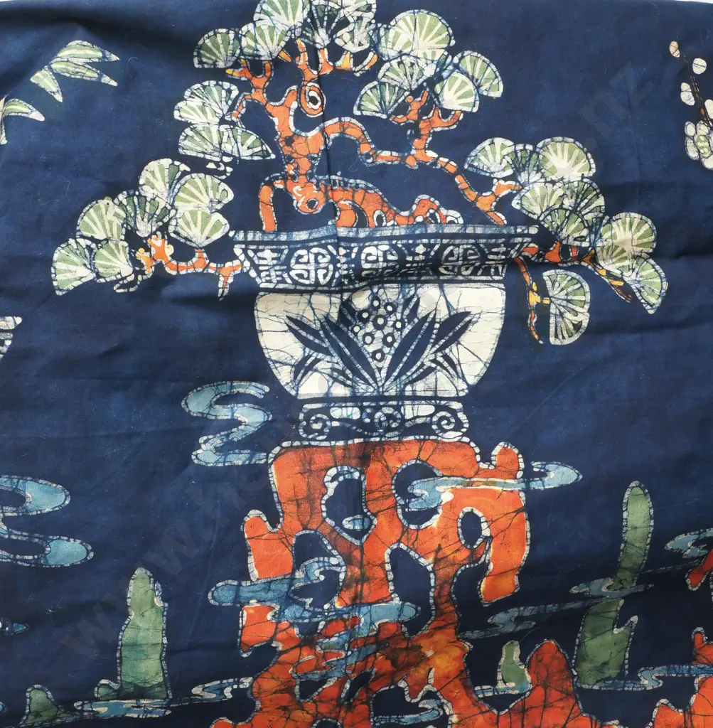 Japanese Textile Featuring a Design Created w Traditional Rice Paste & w Scene w Potted Bamboo Image 1++
