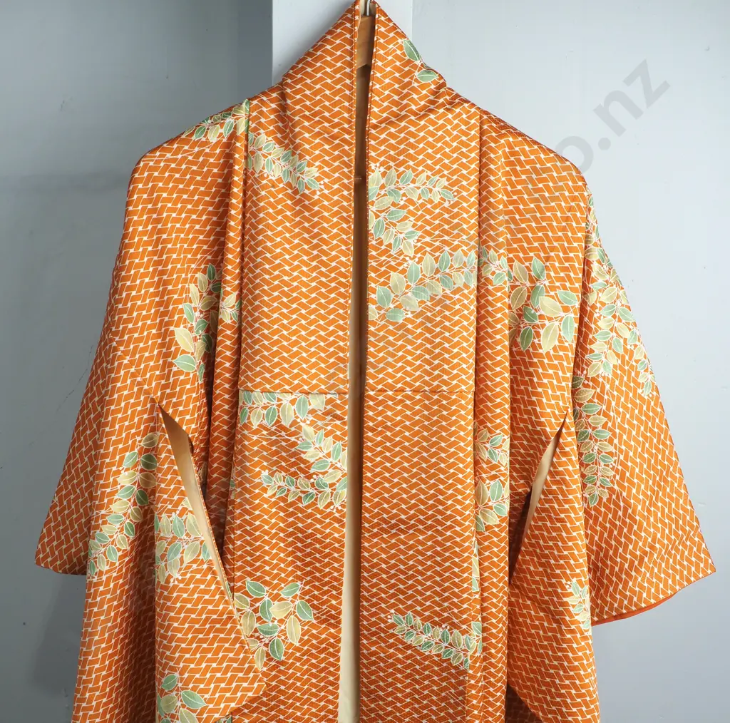 Orange Kimono w White Geometric Basket Weave Pattern & Yellow & Green Leaves Image 1++