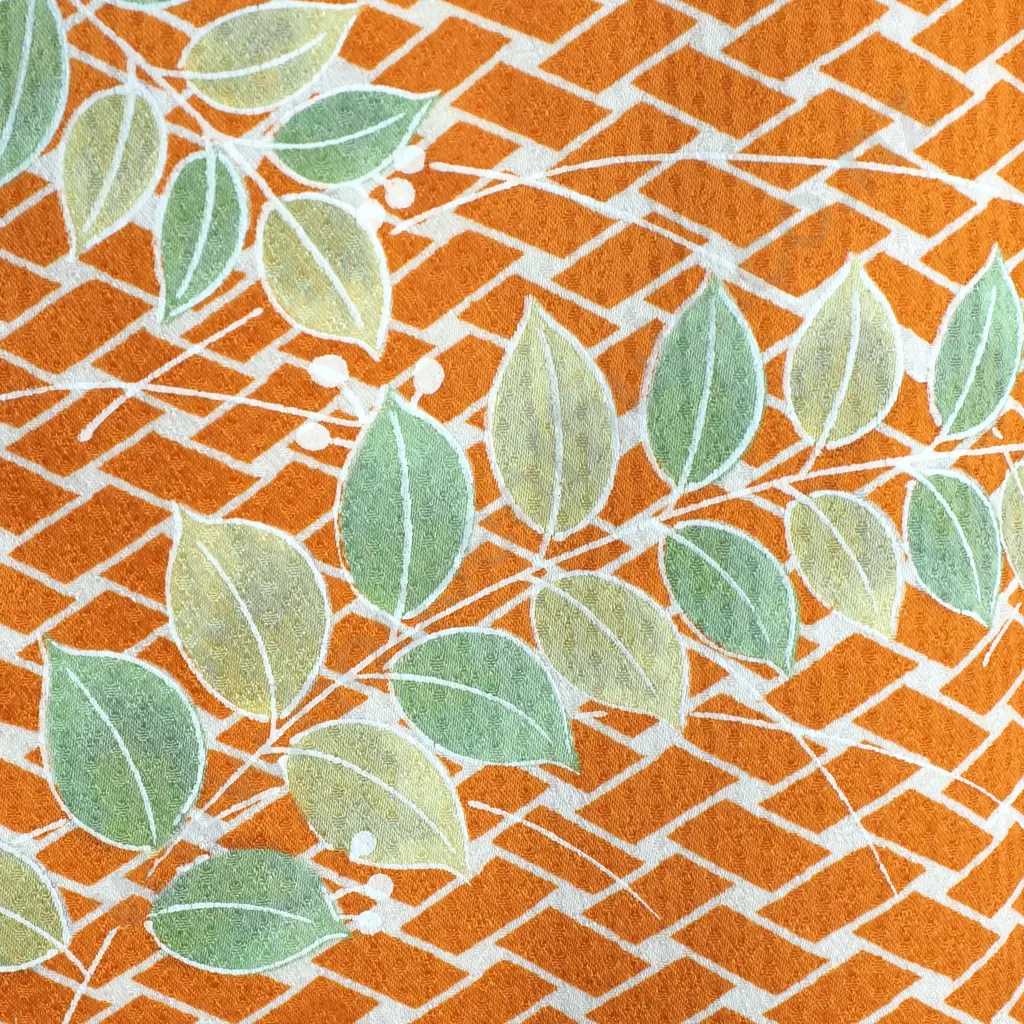 Orange Kimono w White Geometric Basket Weave Pattern & Yellow & Green Leaves Image 1++