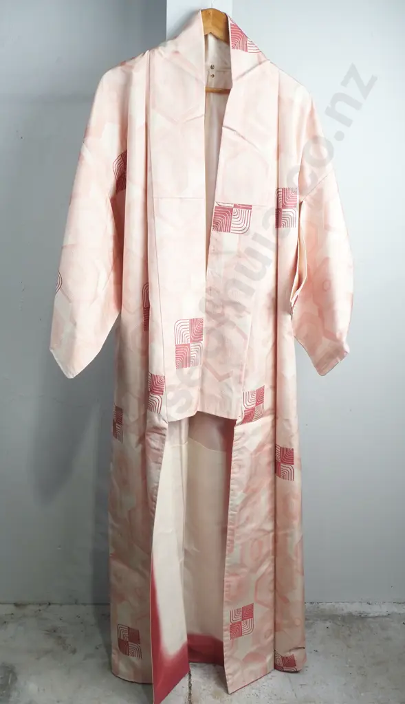 Pink  Kimono w a Hexagonal Geometric Pattern & Shibori Patterning accented w Crimson Wave Like Patterning Image 1++