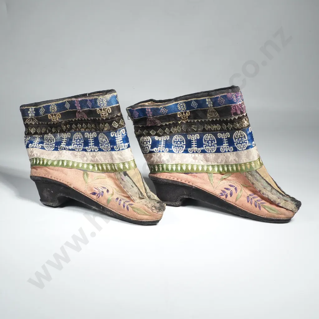 Antique Lotus Shoes Handcrafted w Silk w Hand Embroidered Floral Patterns & Decorative Brocaded Patterns Image 1++