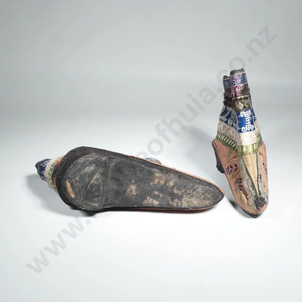 Antique Lotus Shoes Handcrafted w Silk w Hand Embroidered Floral Patterns & Decorative Brocaded Patterns Image 1++