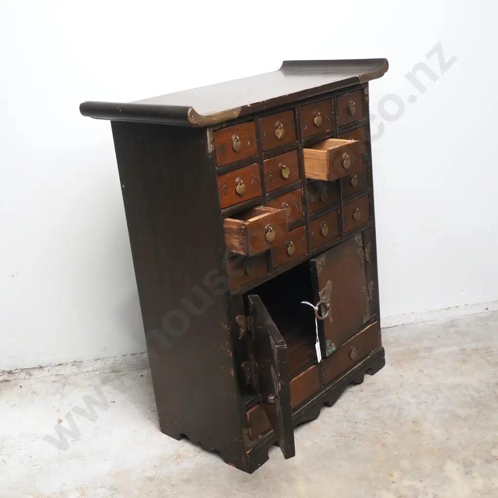 Vintage Chinese Wooden Apothecary Chest w Sixteen Small Drawers Arranged Above a Two Door Cabinet w Brass Hardware Image 1++