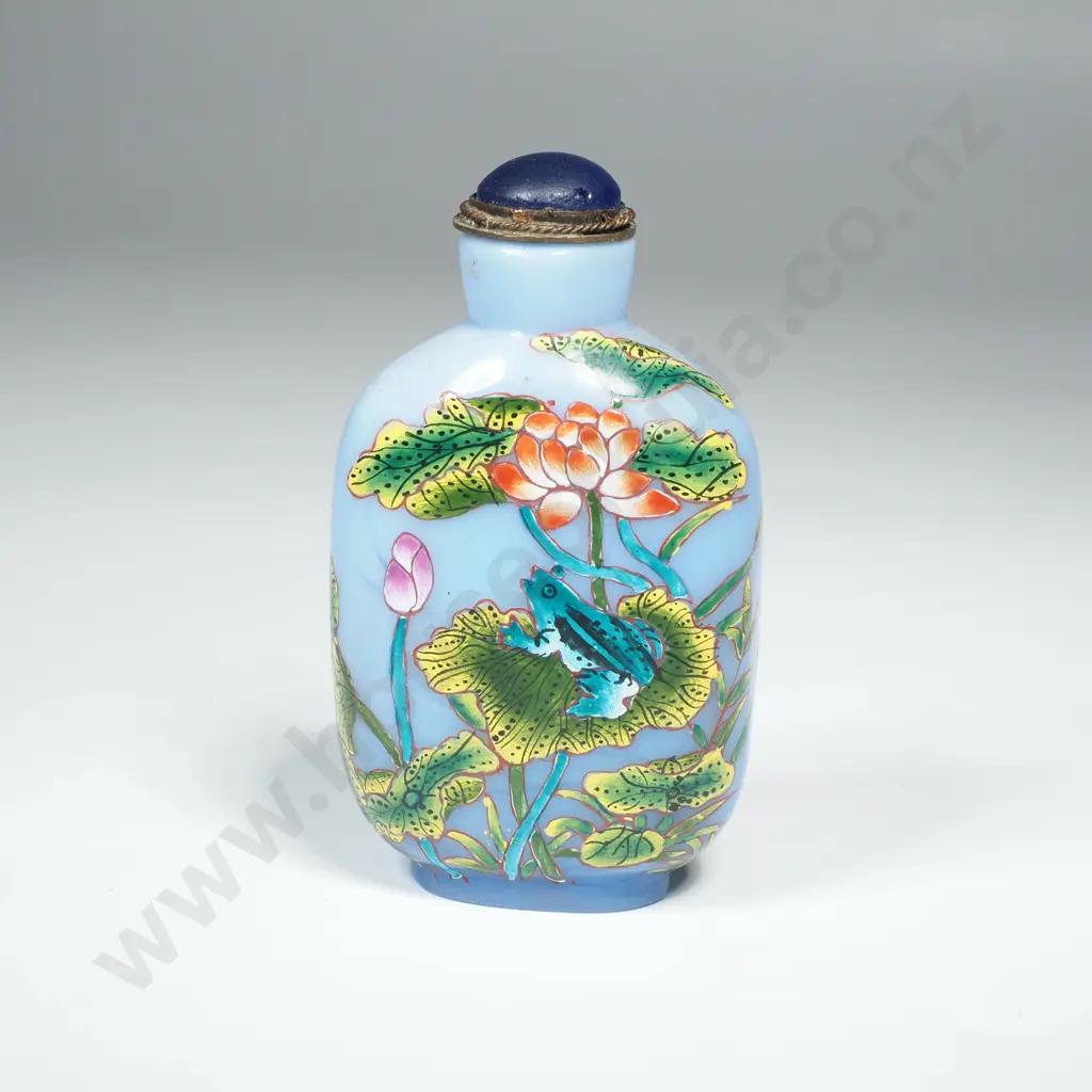 Blue Enamelled Peking  Glass Snuff Bottle w Lotus Pond Design Image 1++