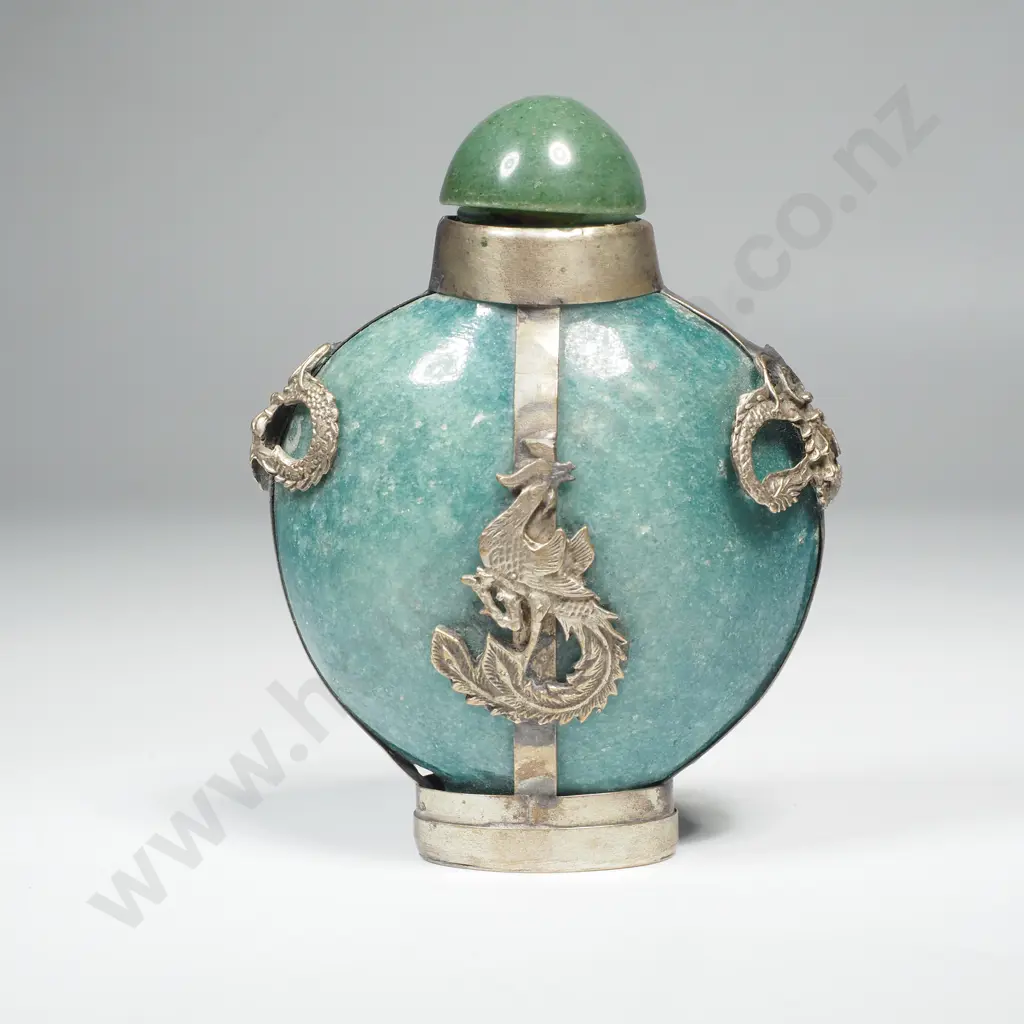 Antique Chinese Roosters & Dragon Green Glass & Pewter Snuff Bottle Image 1++