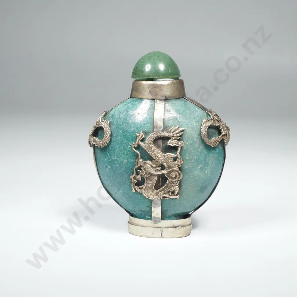 Antique Chinese Roosters & Dragon Green Glass & Pewter Snuff Bottle Image 1++