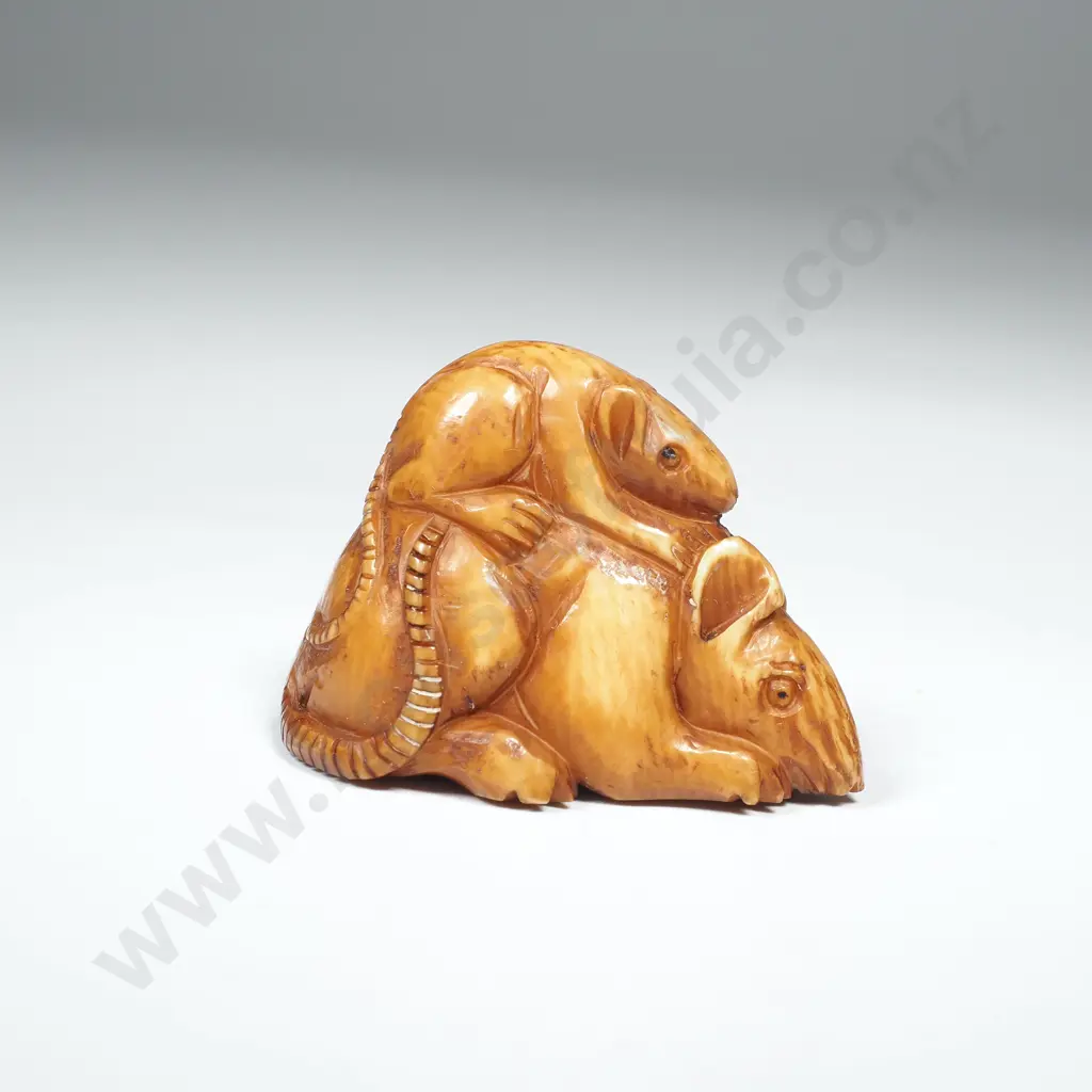 Japanese Carved & Stained Ivory Netsuke of Rat w Baby Rat Image 1++